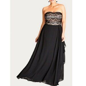 Sz L/20 City Chic "Maxi Eyelash Ebony" Black and Champagne Chiffon & Lace Gown